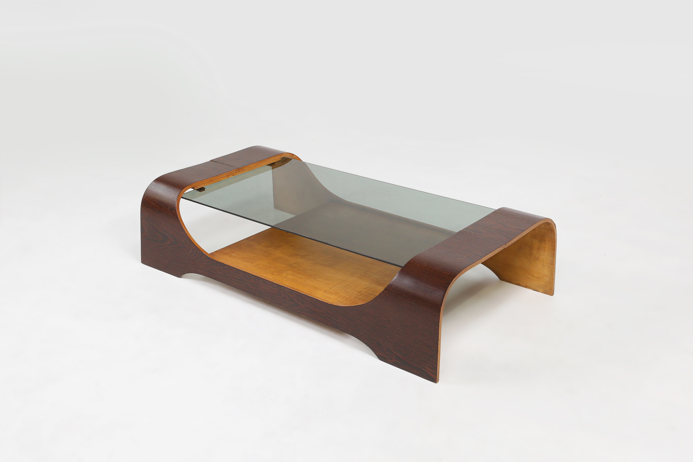 French mid-century coffee table in curved wenge plywood with glass top, 1960sthumbnail